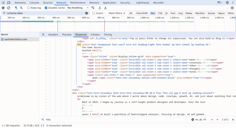 Chrome DevTools with the document request selected and its Response tab open. A search for the h1 tag highlights the server-rendered heading, with the introduction paragraphs visible below.