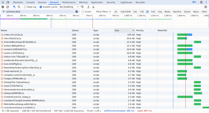Chrome DevTools Network panel filtered to JavaScript and sorted by Size from largest to smallest, with the main entry bundle and shared chunks at the top.
