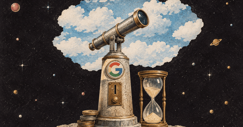 Vintage telescope bearing Google’s logo, hourglass, and coins against a starry sky and clouds.