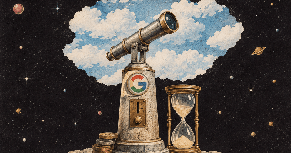 Vintage telescope bearing Google’s logo, hourglass, and coins against a starry sky and clouds.