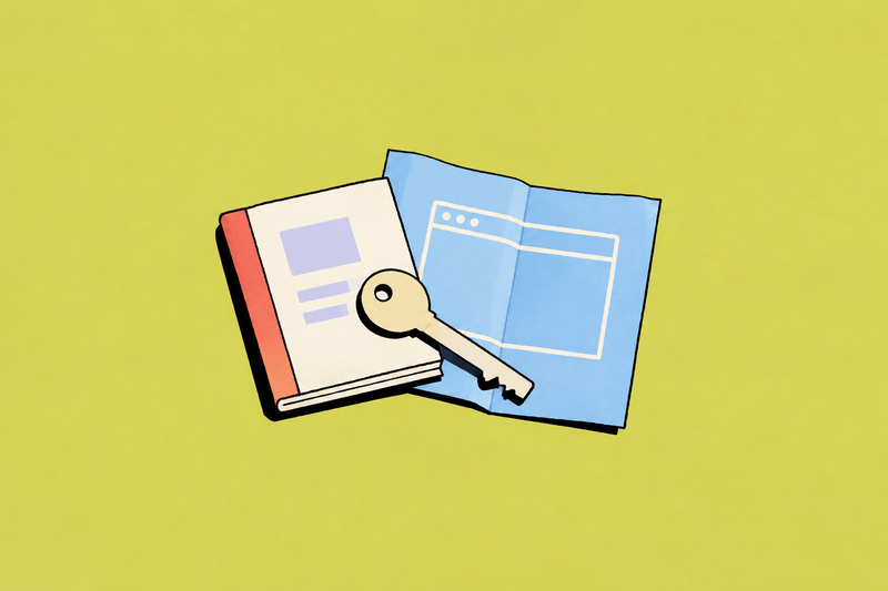 An instruction manual, folded website blueprint and key arranged as a handover kit.