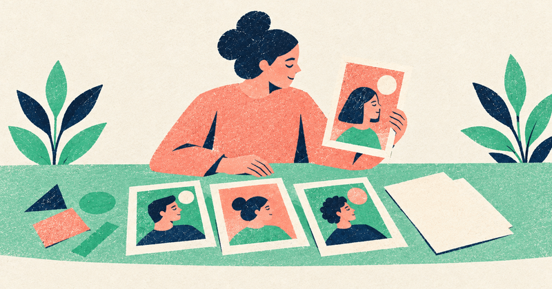 Illustration of a woman arranging portrait photographs on a green table, surrounded by plants and paper.