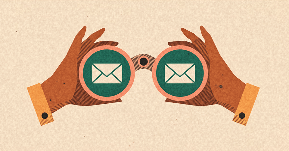 Illustrated hands hold binoculars with envelope icons in place of lenses.