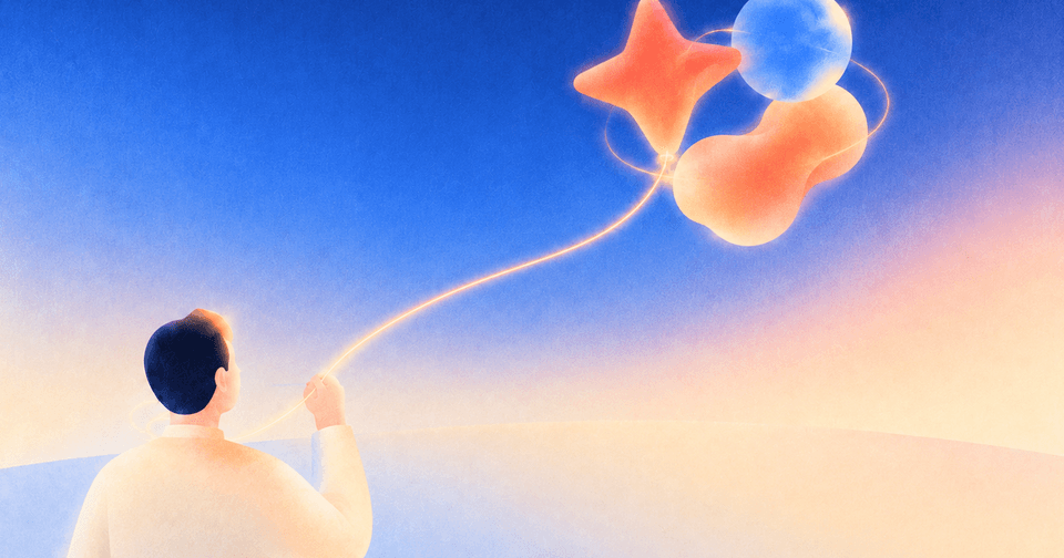 Person holding a glowing string connected to floating star, moon, and cloud-shaped balloons in a blue sky.