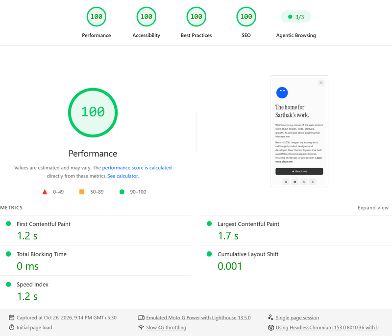 PageSpeed Insights mobile report for sarthakmishra.com: Performance, Accessibility, Best Practices and SEO all score 100. FCP is 1.2 seconds, LCP 1.7 seconds, TBT 0 milliseconds, CLS 0.001 and Speed Index 1.2 seconds. The report uses Lighthouse 13.5.0, an emulated Moto G Power and Slow 4G.