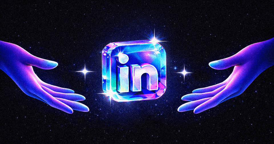 Two glowing hands present a luminous LinkedIn logo against a sparkling cosmic background.