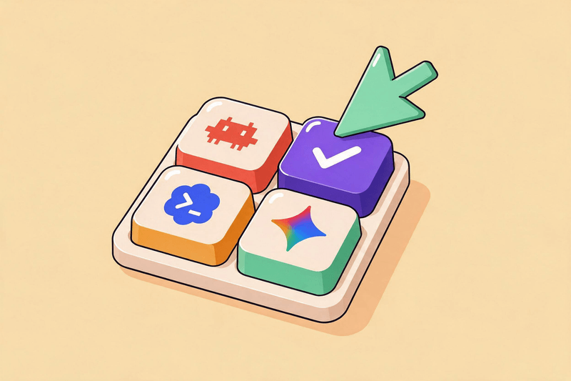 A four-key pad with Claude Code, Codex and Gemini logos, and a mint cursor pointing to a purple checkmark key on a yellow background.