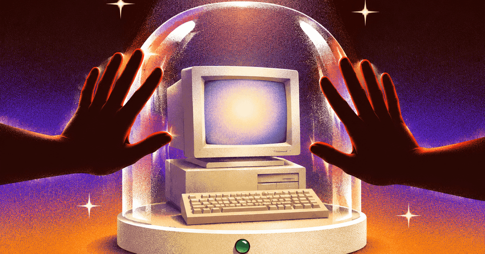 Hands reach toward a glowing vintage computer enclosed in a glass dome, surrounded by stars.
