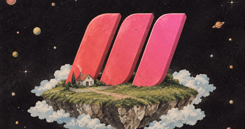 A floating grassy island with a cottage and giant pink slabs amid planets and stars.