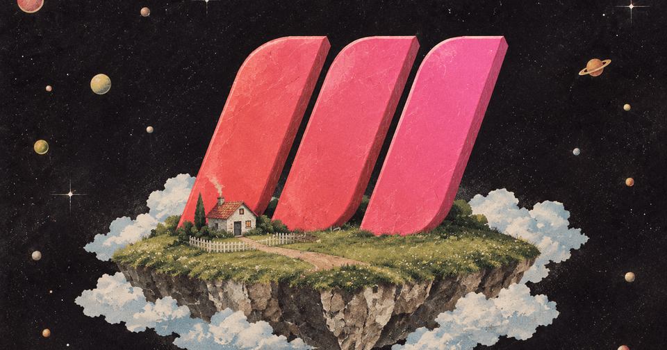 A floating grassy island with a cottage and giant pink slabs amid planets and stars.
