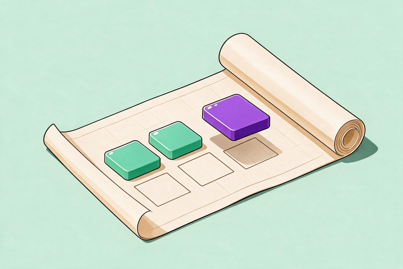 A cream blueprint scroll with two mint blocks and a hovering purple block above outlined squares, on a pale mint background.
