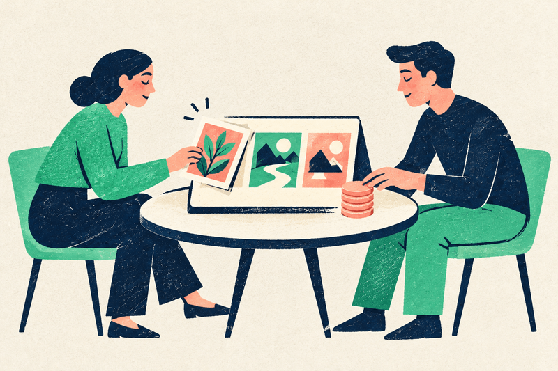 Two people negotiate across a round table, moving an illustration card from a proposal board and adjusting a stack of coral coins.