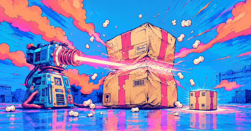 A futuristic laser machine blasts stacked cardboard boxes amid flying debris and vibrant clouds.