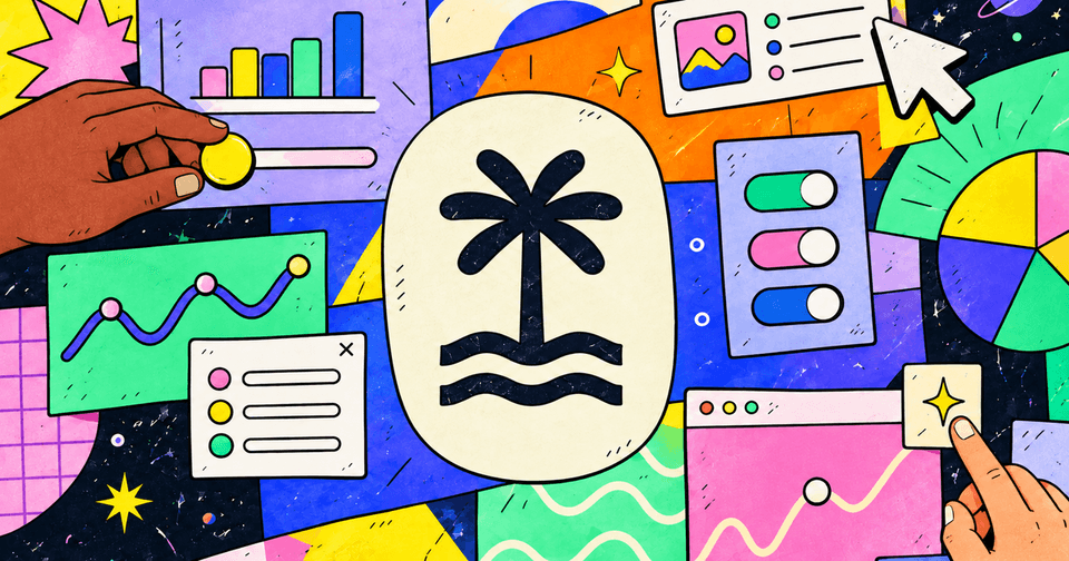 Colorful illustration of a central palm tree icon surrounded by charts, interface controls, and hands.