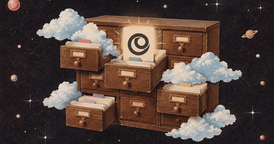 Open wooden card catalog drawers float among clouds and planets, revealing a glowing spiral symbol.