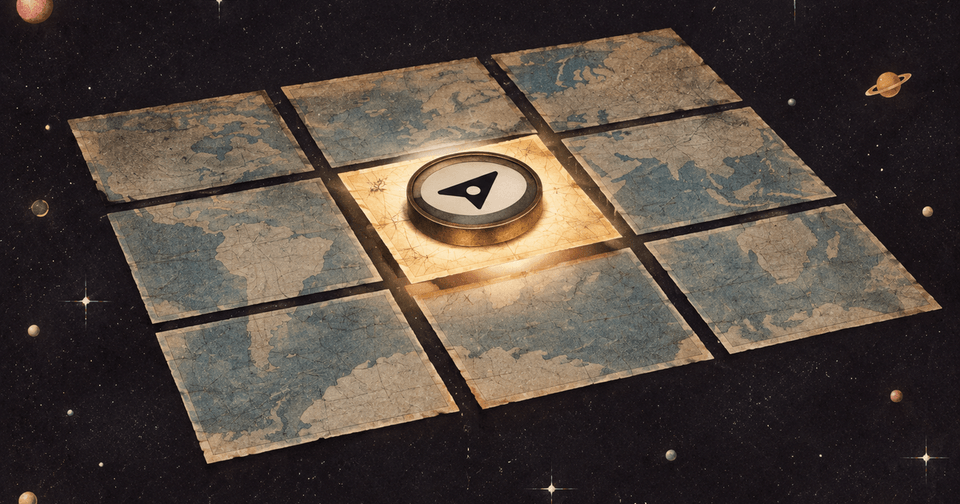 A glowing compass rests on a central map tile, surrounded by ancient maps in space.