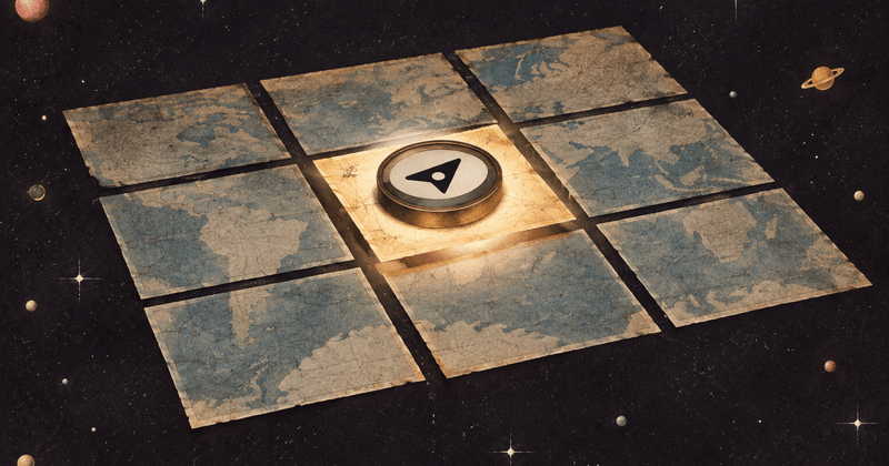 A glowing compass rests on a central map tile, surrounded by ancient maps in space.