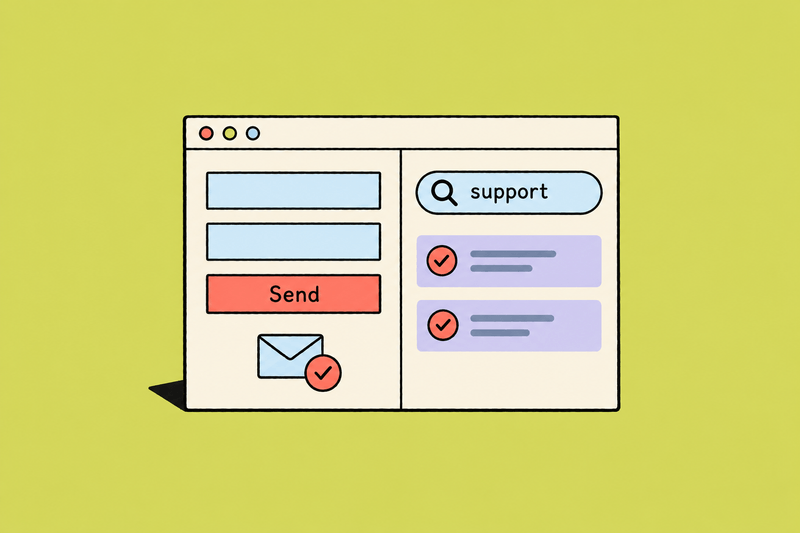 A contact form with a Send button and confirmed envelope delivery beside checked search results for support.
