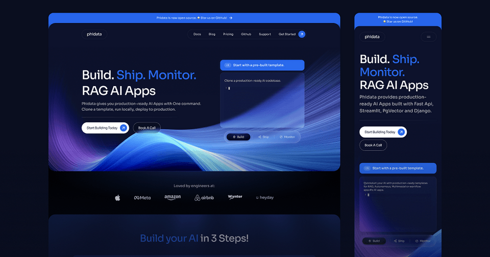Desktop and mobile website mockups for Phidata, promoting AI app building with blue gradient waves.