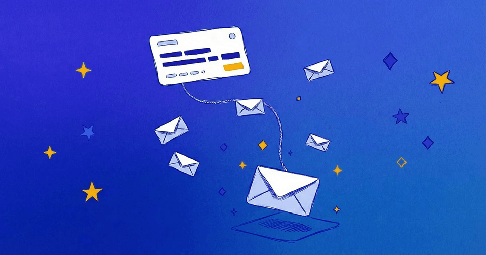 A credit card connects to floating envelopes amid stars on a blue background.