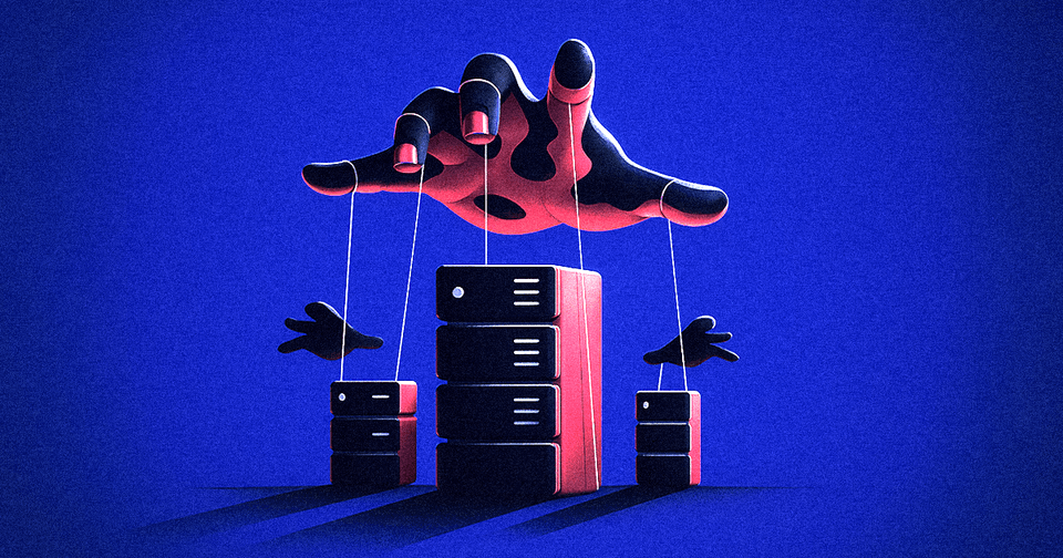 A giant hand manipulates server stacks like puppets against a vivid blue background.