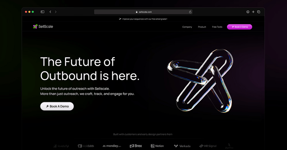 Dark SellScale website homepage featuring “The Future of Outbound is here,” demo buttons, and a glossy abstract chain graphic.