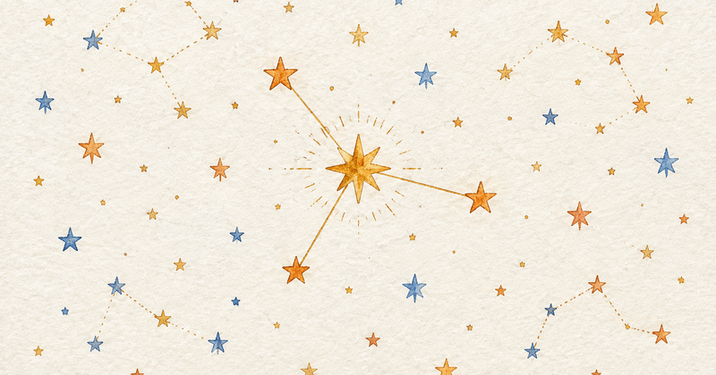 Watercolor star map centered on a golden star, connected to orange stars among constellations.