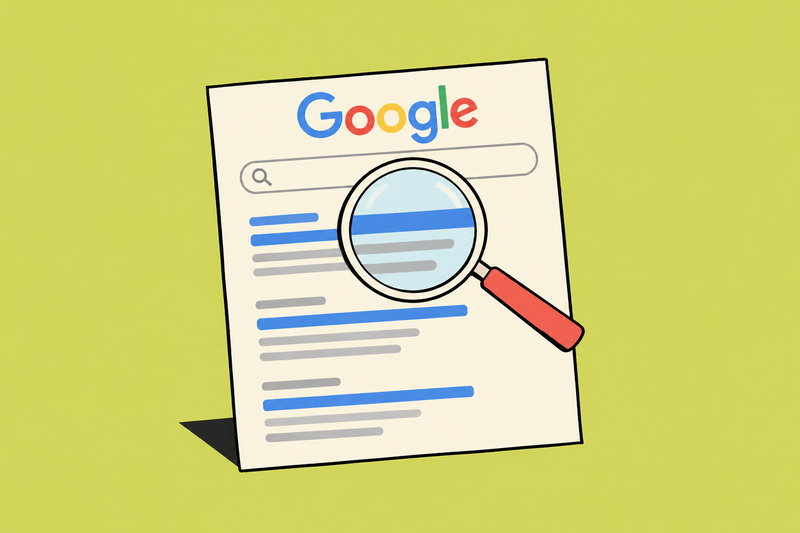 A magnifying glass enlarges a result on an illustrated Google search page.