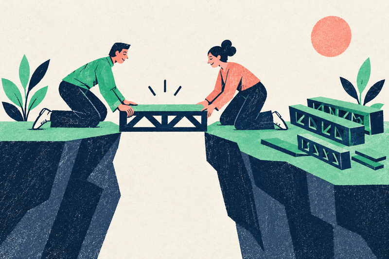 Illustration of two people fitting a short bridge section between platforms, with spare sections waiting nearby.