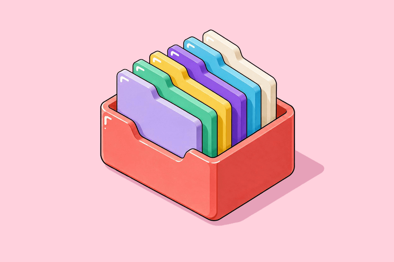 A coral-red filing box holding six colourful tabbed folders on a pastel pink background.