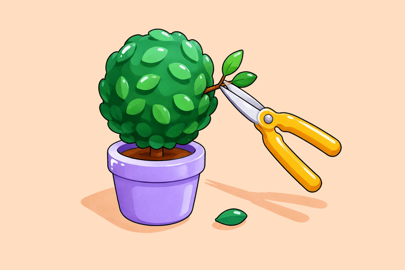 Yellow pruning shears trimming a green topiary in a lavender pot, with a fallen leaf on a peach background.