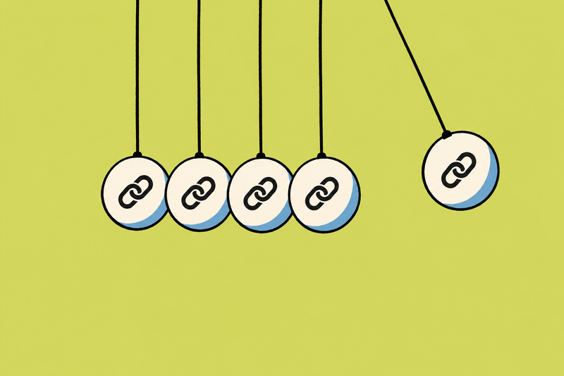 Five cream balls with chain-link symbols hang from strings, with four touching and one swinging outward.
