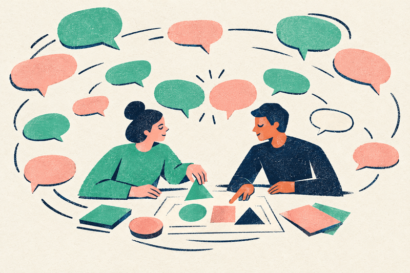 Illustration of two people arranging geometric pieces into a shared plan while mint and peach speech bubbles orbit their table.