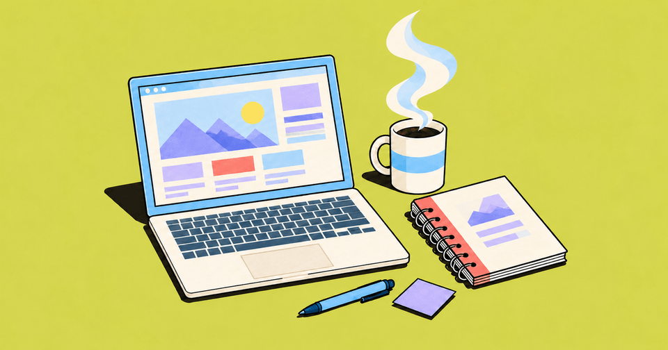 An illustrated laptop beside a coffee mug with curling steam, a notebook, pen, and sticky note on a citron background.