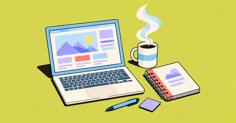 An illustrated laptop beside a coffee mug with curling steam, a notebook, pen, and sticky note on a citron background.